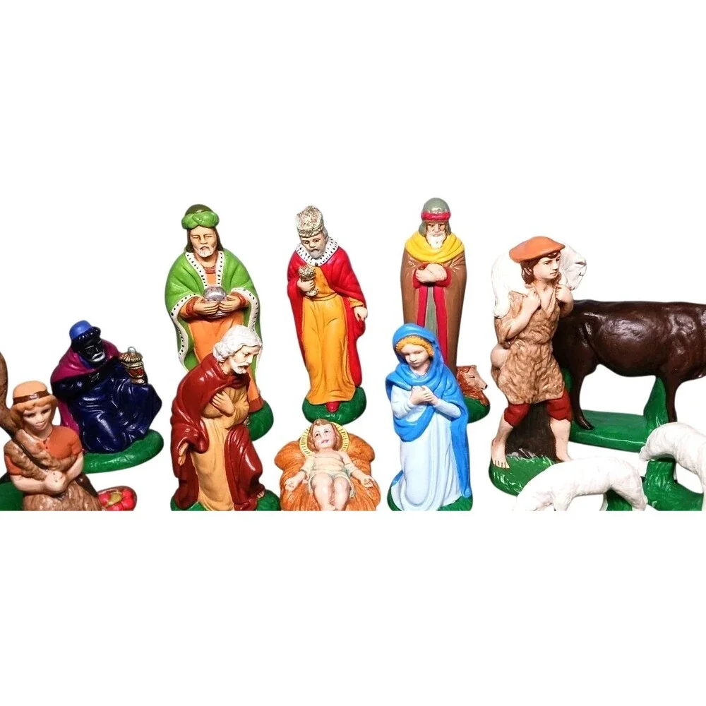 Vintage Nativity Set 18 Piece Solid Chalkware Plaster Hand Painted Manger Scene